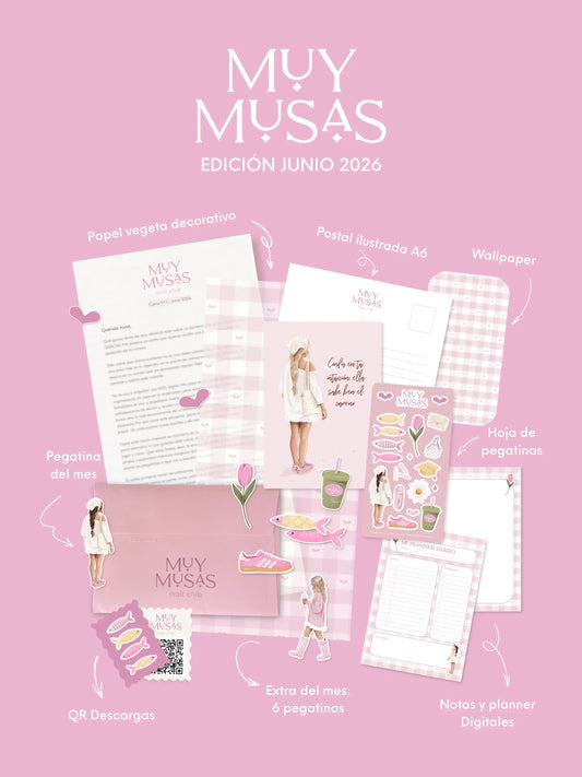 Contenido mensual de la suscripción Muy Musas edición junio 2026 diseñada por Natalia Naya