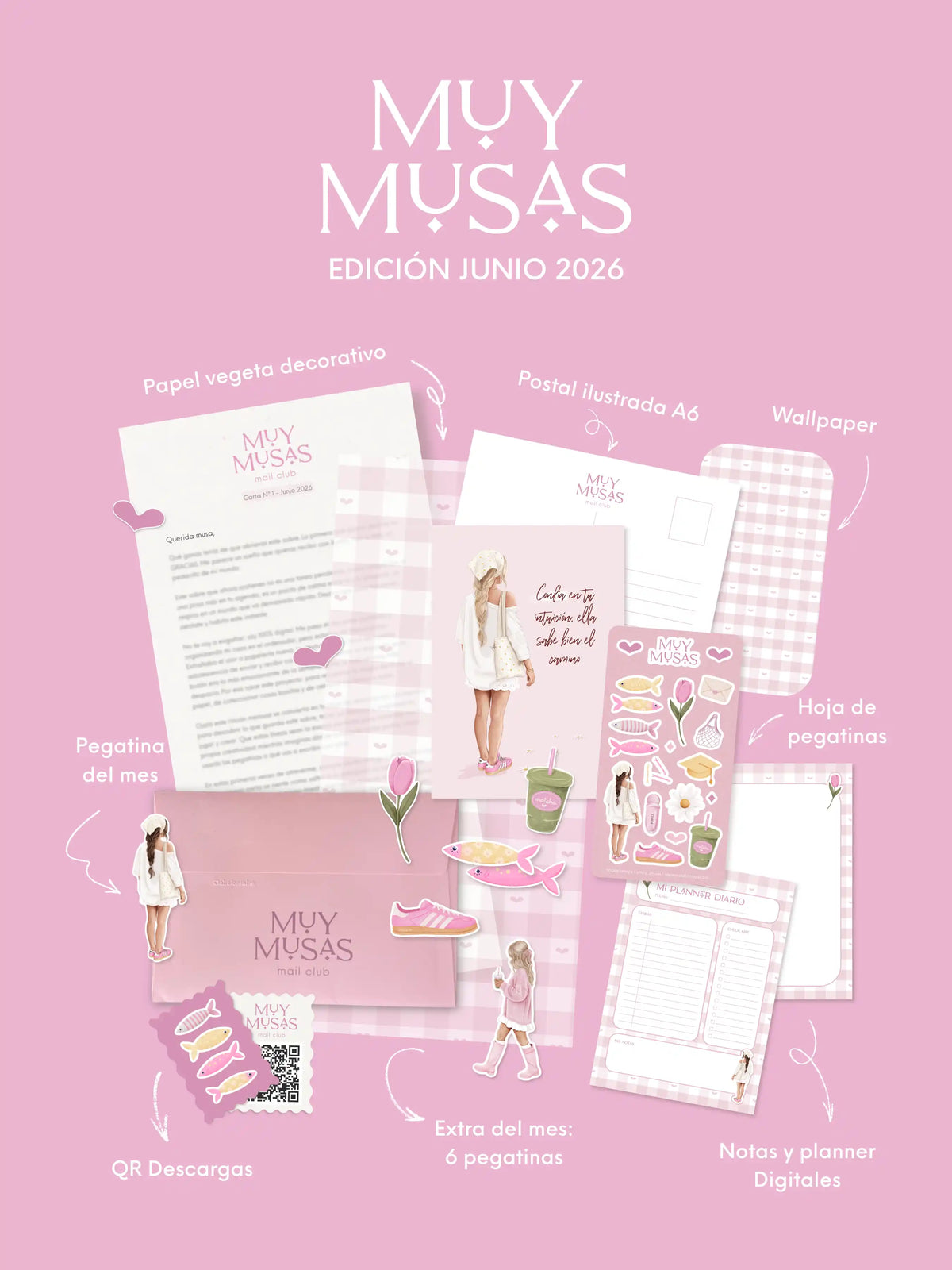 Contenido mensual de la suscripción Muy Musas edición junio 2026 diseñada por Natalia Naya