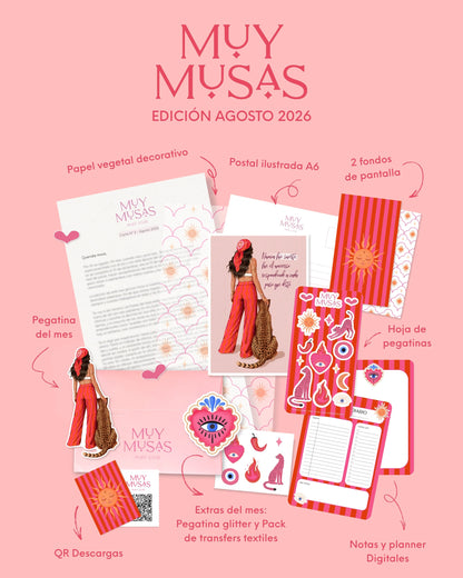 Mail Club Muy Musas Agosto 2026 - Contenido completo: carta, postal, stickers, wallpapers y extras