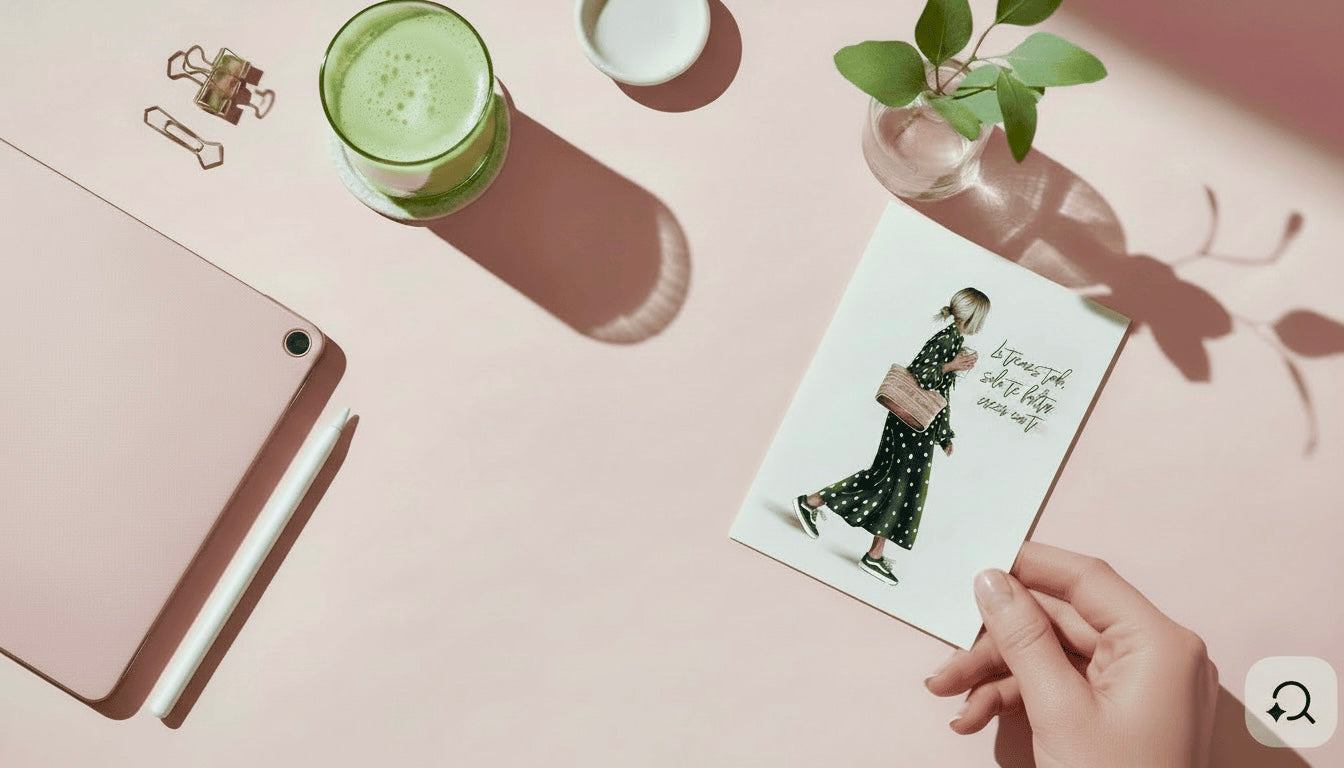 Postal ilustrada sostenida en una mano con bebida de matcha y elementos de papelería sobre fondo rosa.