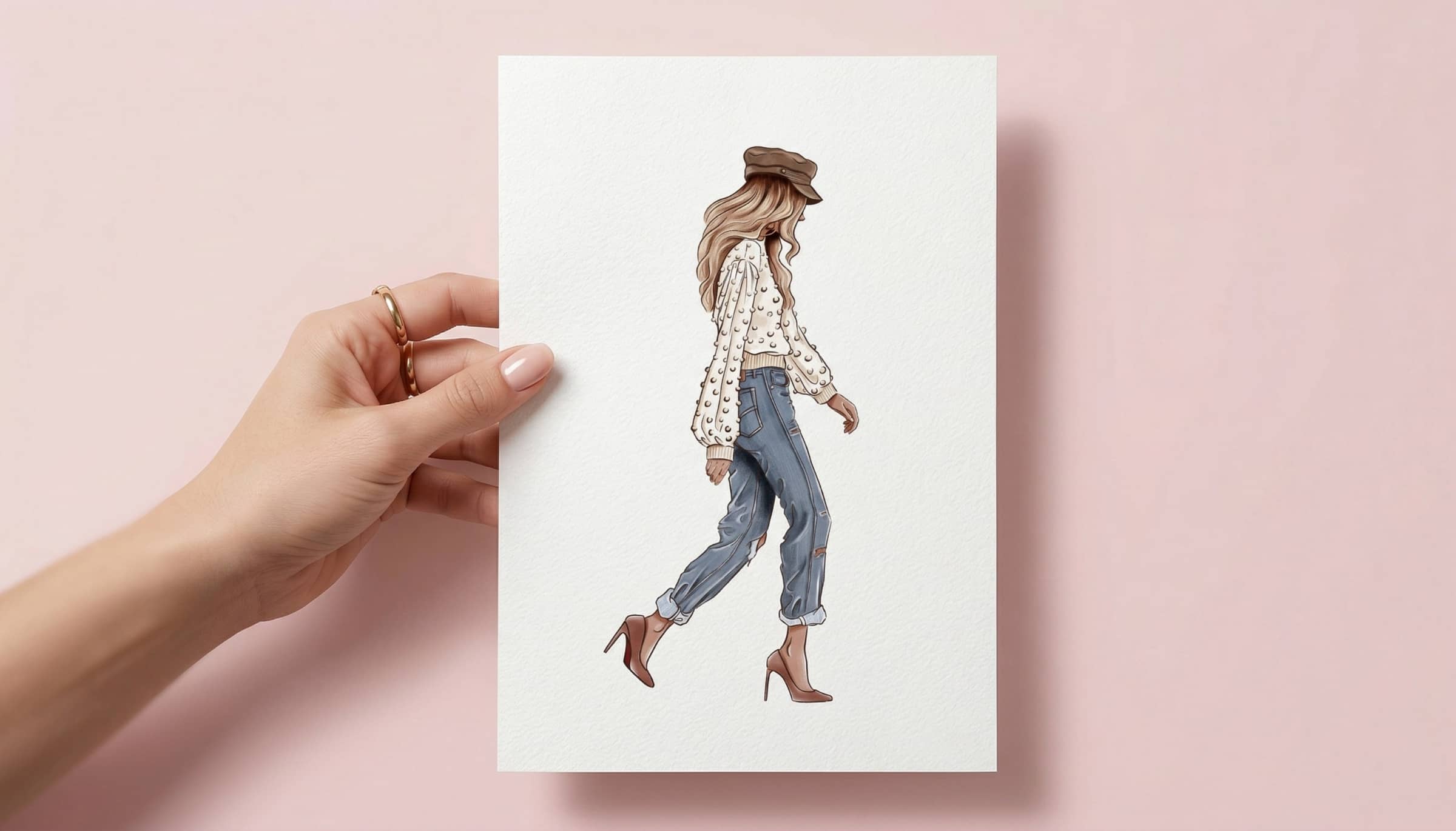 Lámina ilustrada de mujer con estilo, sostenida en una mano, sobre fondo rosa.