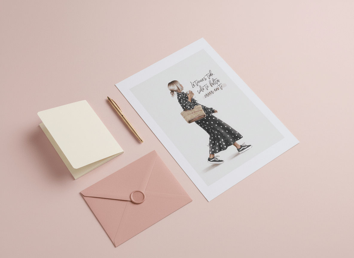 Lámina ilustrada con mujer sosteniendo bolsa de rafia, acompañada de libreta, bolígrafo y sobre rosado, sobre fondo rosa.