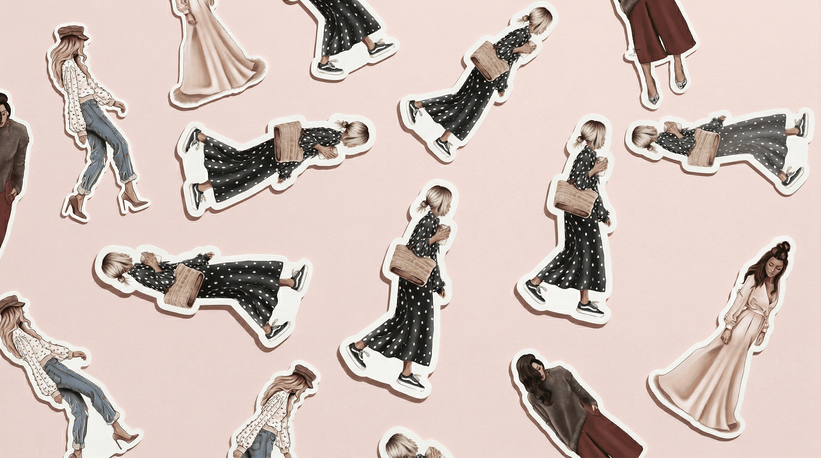Colección de pegatinas die-cut con ilustraciones femeninas variadas, mujeres en diferentes poses y estilos de moda sobre fondo rosa.