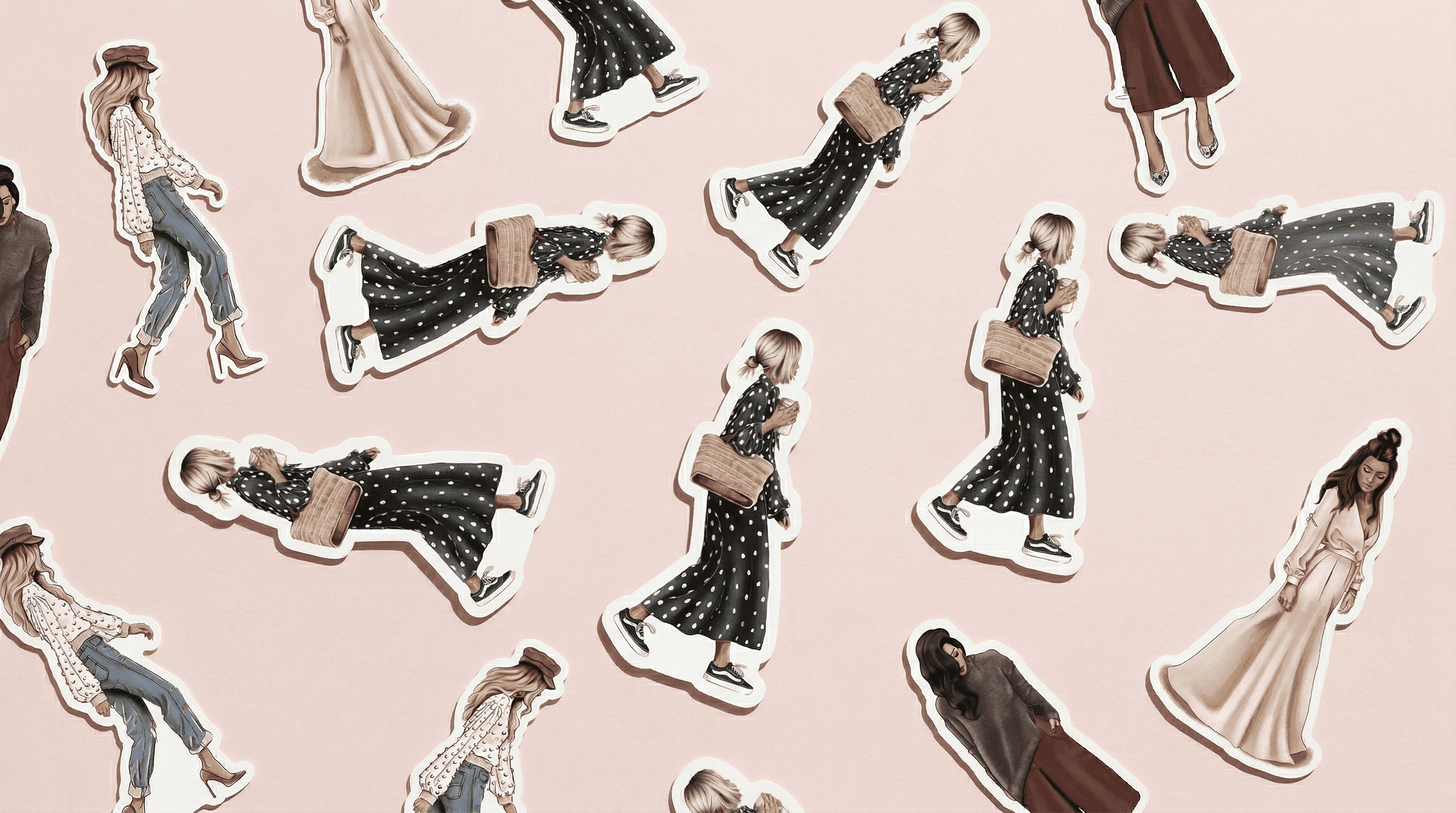 Colección de pegatinas die-cut con ilustraciones femeninas variadas, mujeres en diferentes poses y estilos de moda sobre fondo rosa.