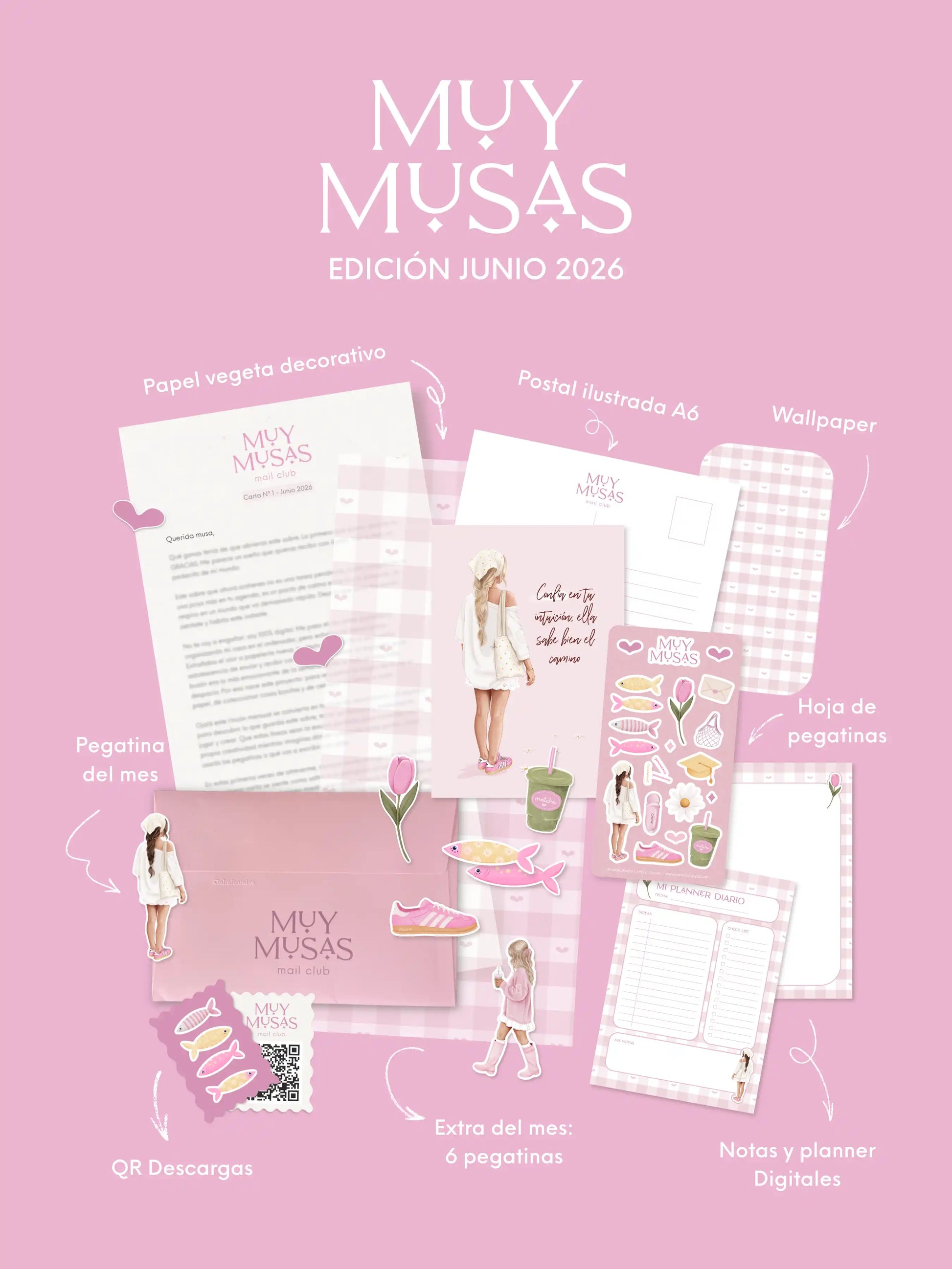 Contenido mensual de la suscripción Muy Musas edición junio 2026 diseñada por Natalia Naya