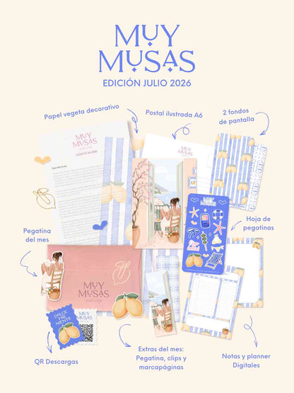 Contenido mensual de la suscripción Mail Club Muy Musas edición julio 2026 diseñada por Natalia Naya