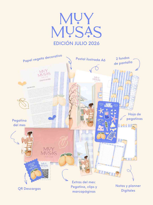 Contenido mensual de la suscripción Mail Club Muy Musas edición julio 2026 diseñada por Natalia Naya